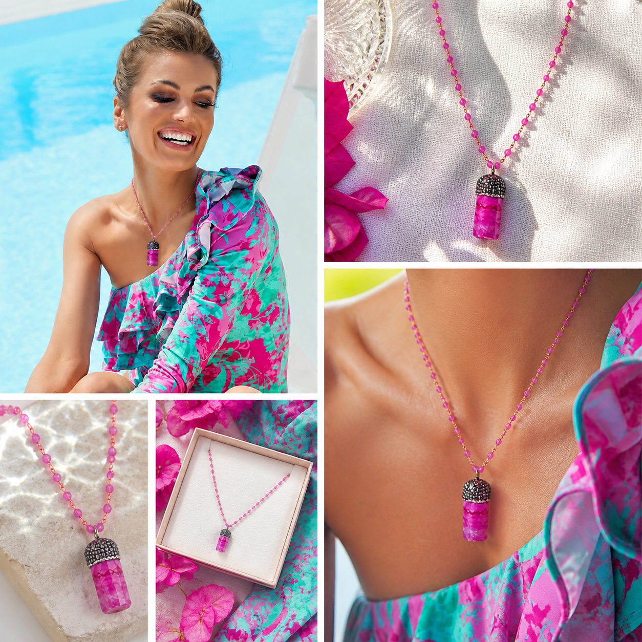 Pink Beaded Necklace with Pink Stone Pendant and Silver Crystals