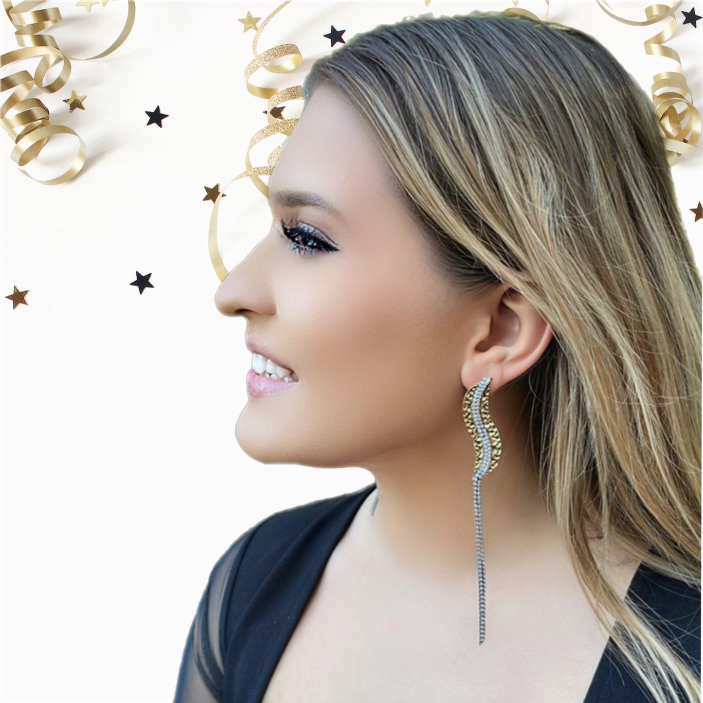 Glamour Rhinestones Wave Tassel Earrings in Gold and Black