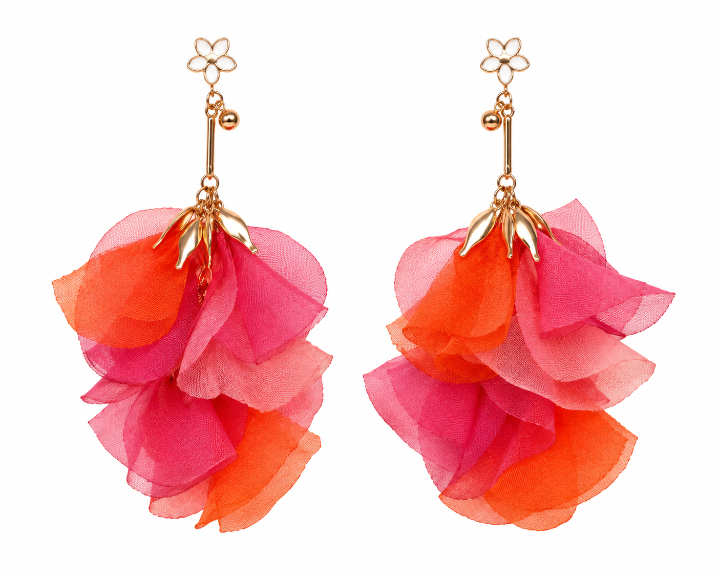 Multi Pink and Orange Silk Flower Earrings Summer