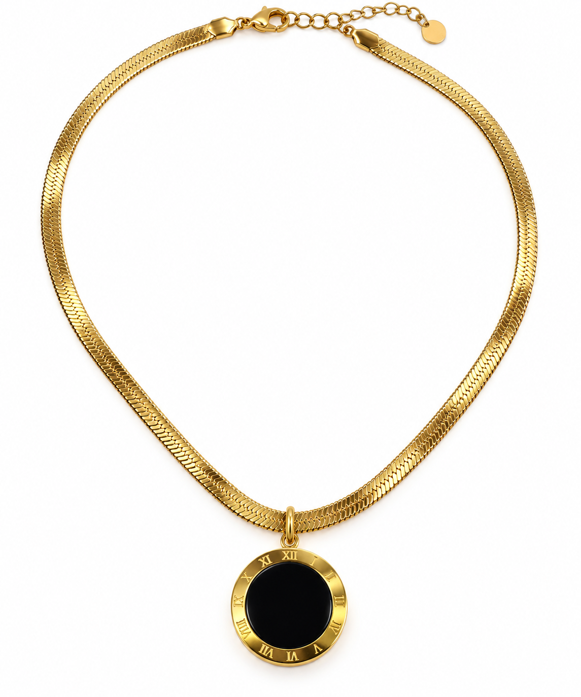 Glamour 14k Gold Snake Necklace with Black Enamel Circle Pendant