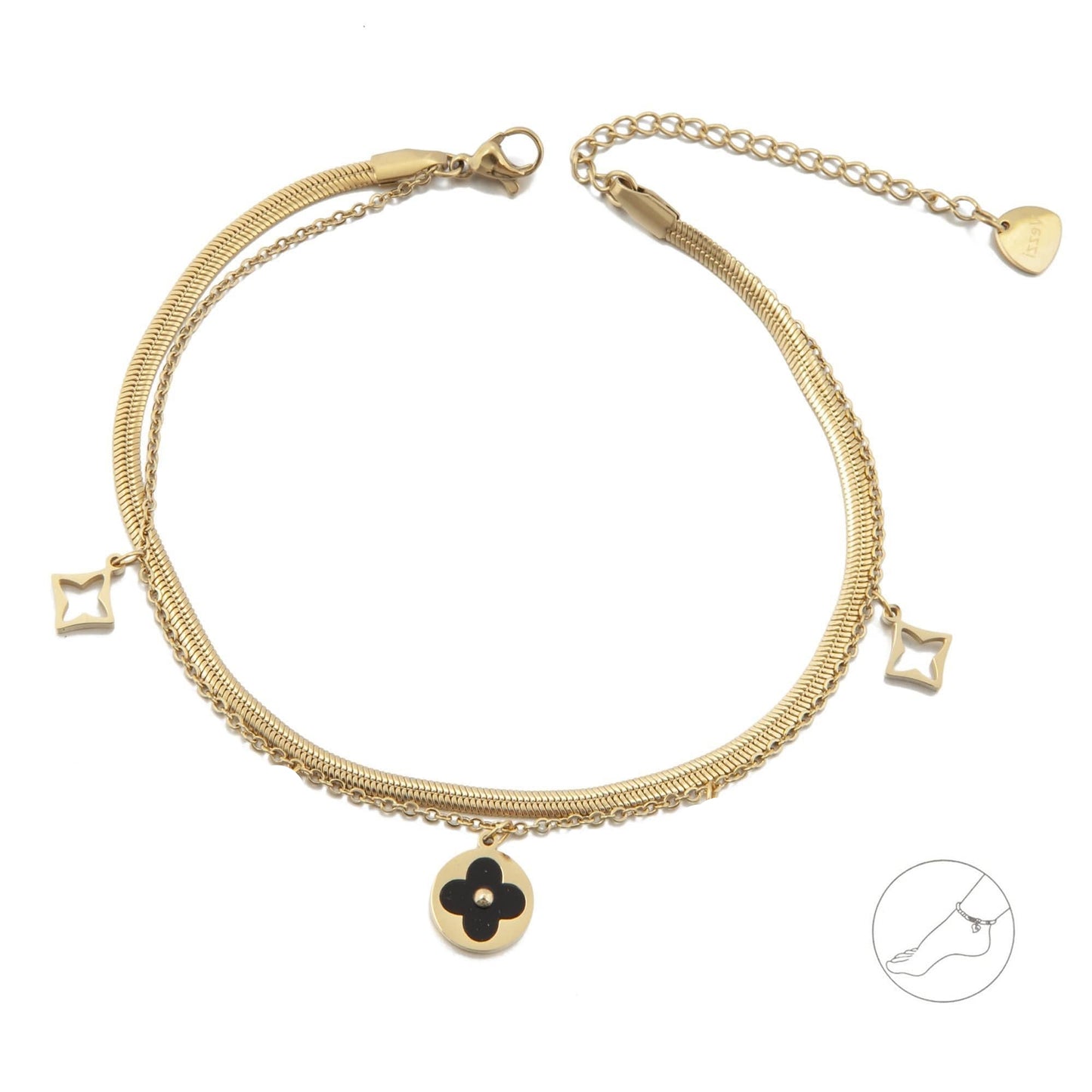 14k Gold Plated Double Chain Anklet with Clover and Lily Flowers