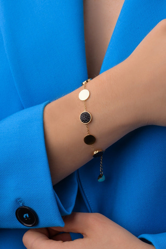 14k Gold Plated Chain Bracelet with Black Crystal Circles