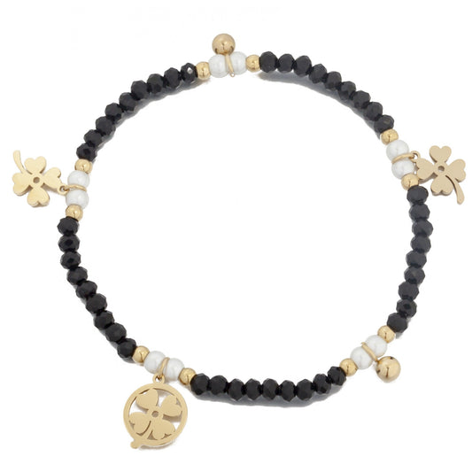 Adjustable Pearl and Crystals Bracelet with Clover Pendants