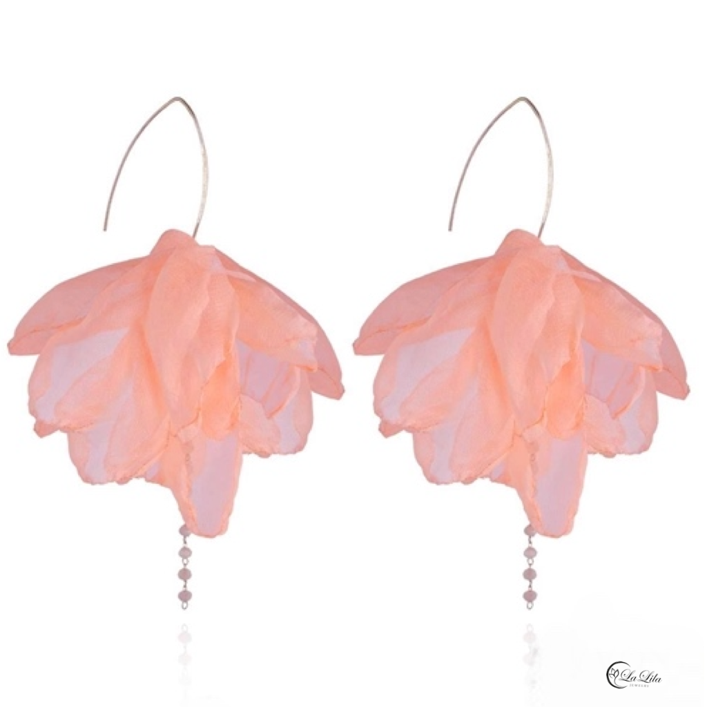 Silk Tangerine Flower Earrings with Silver Finishing