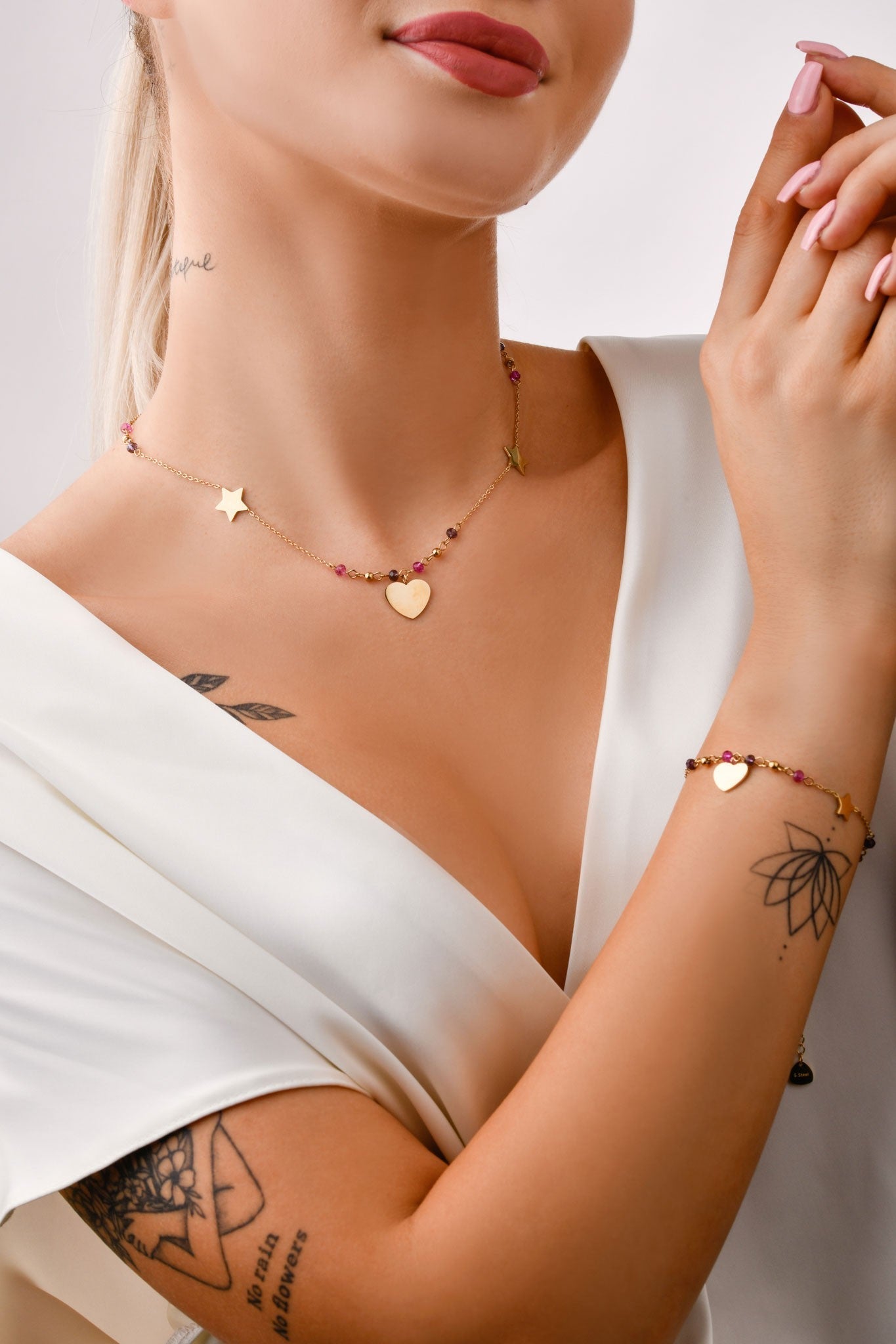 14k Gold Plated Heart and Stars Bracelet with Pink Crystals