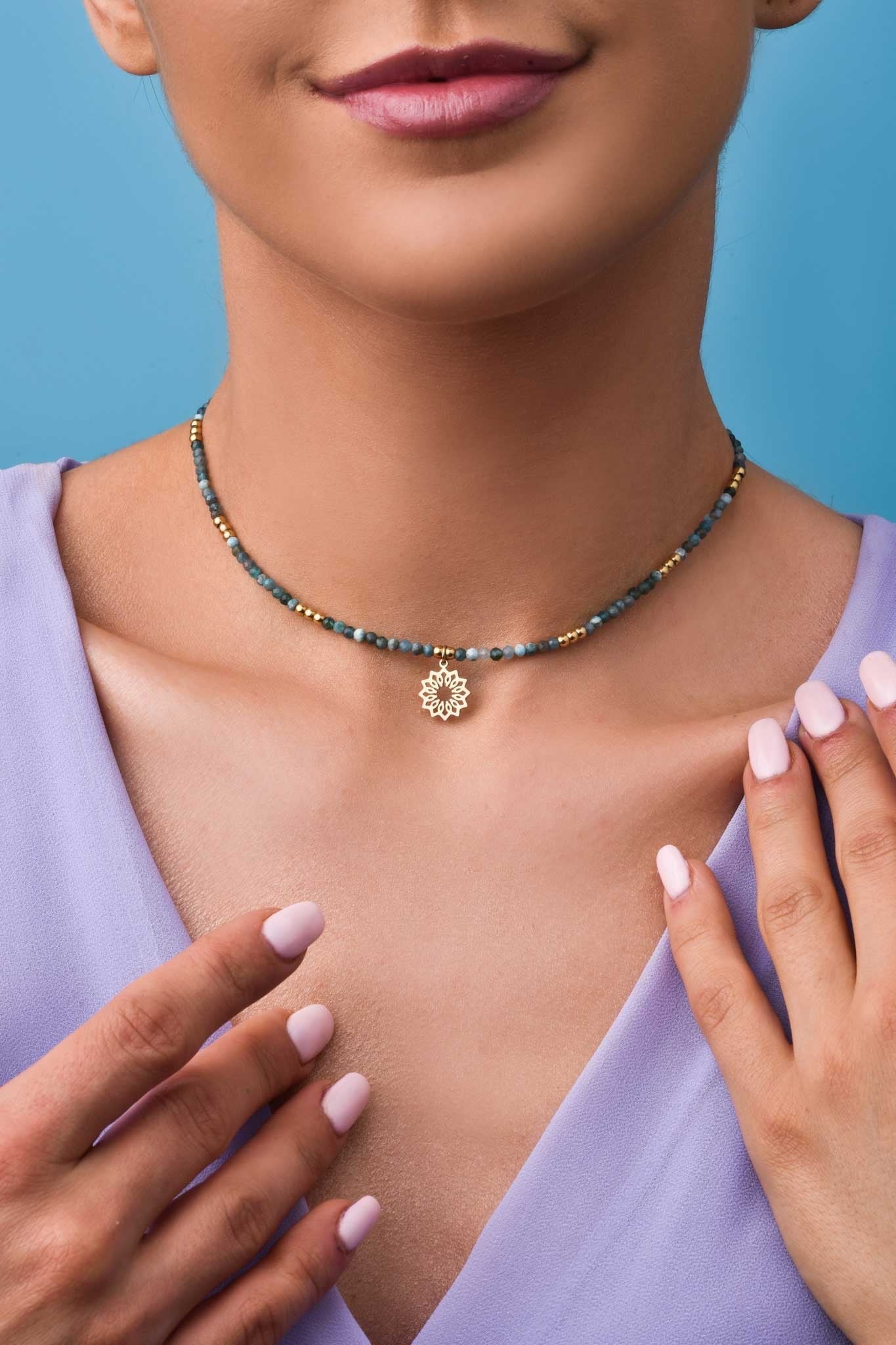 Stainless Steel and Blue Apatite Stone Necklace with Flower Pendant