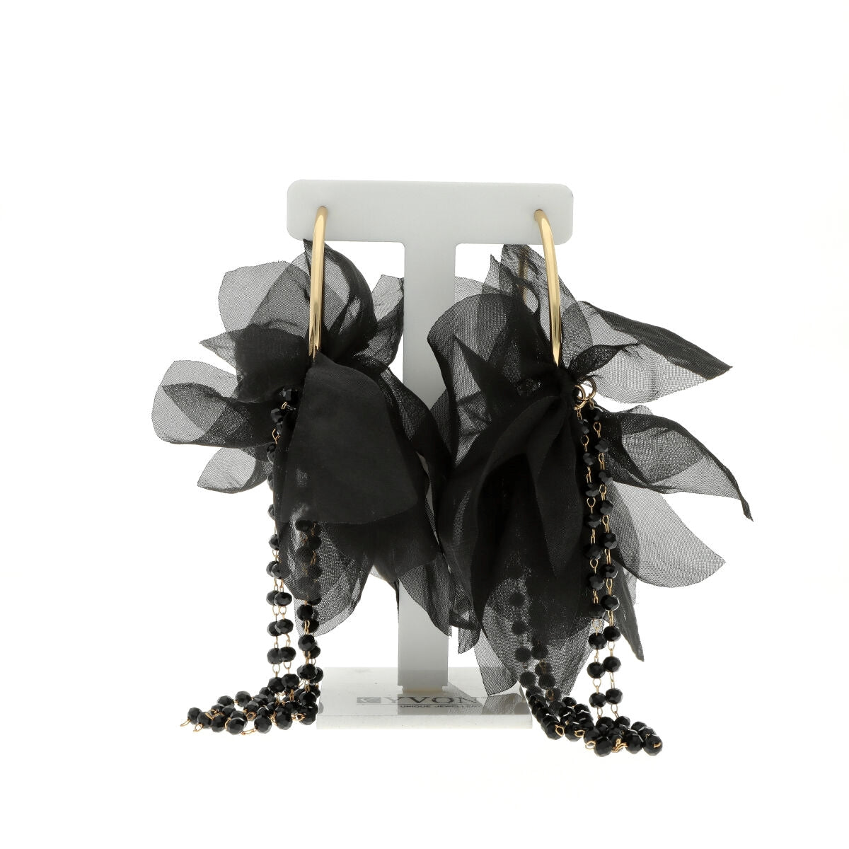 Black Silk Flower Hoops Earrings with Crystals