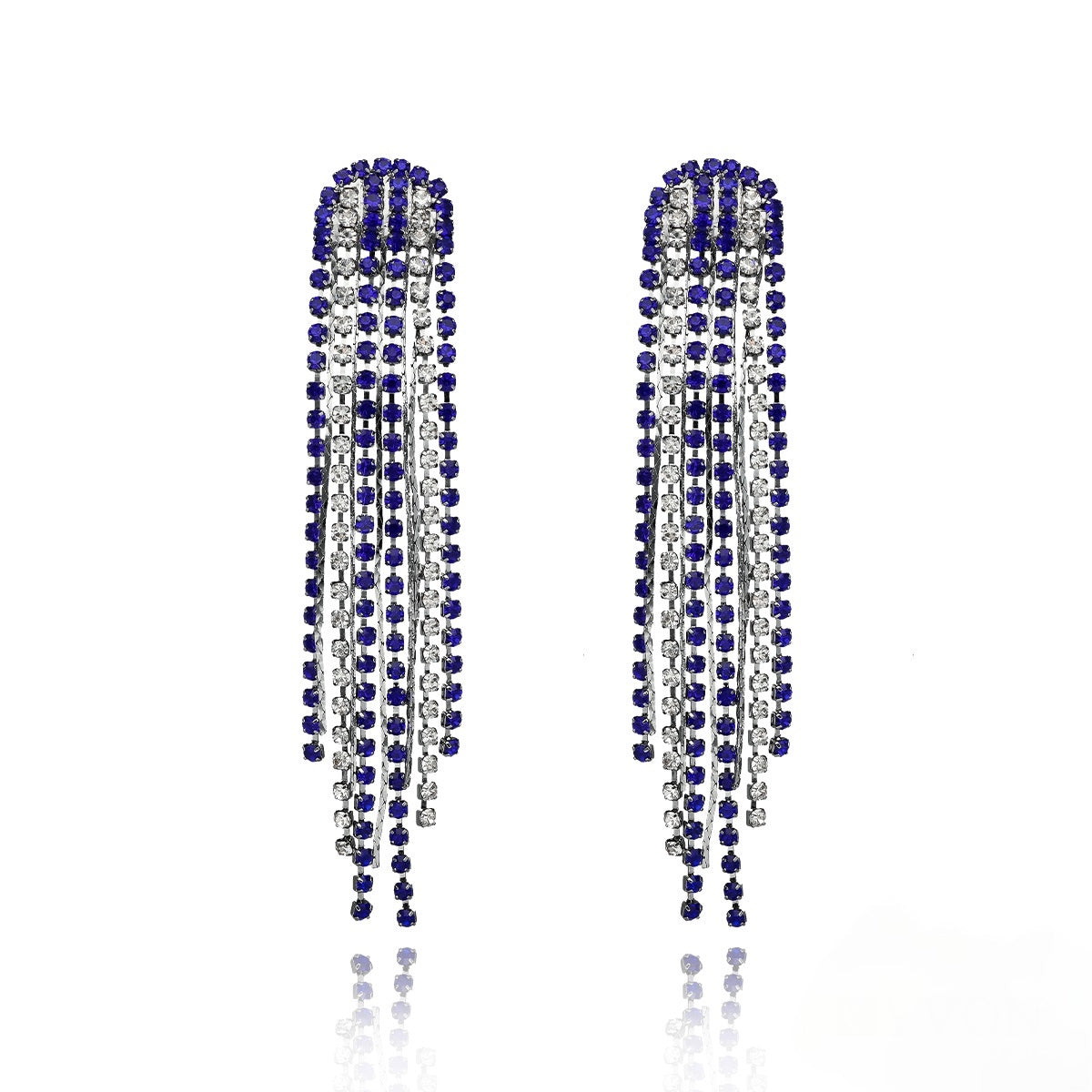 Glamour Evening Royal Blue & Clear Zirconium Tassle Dangle Earrings