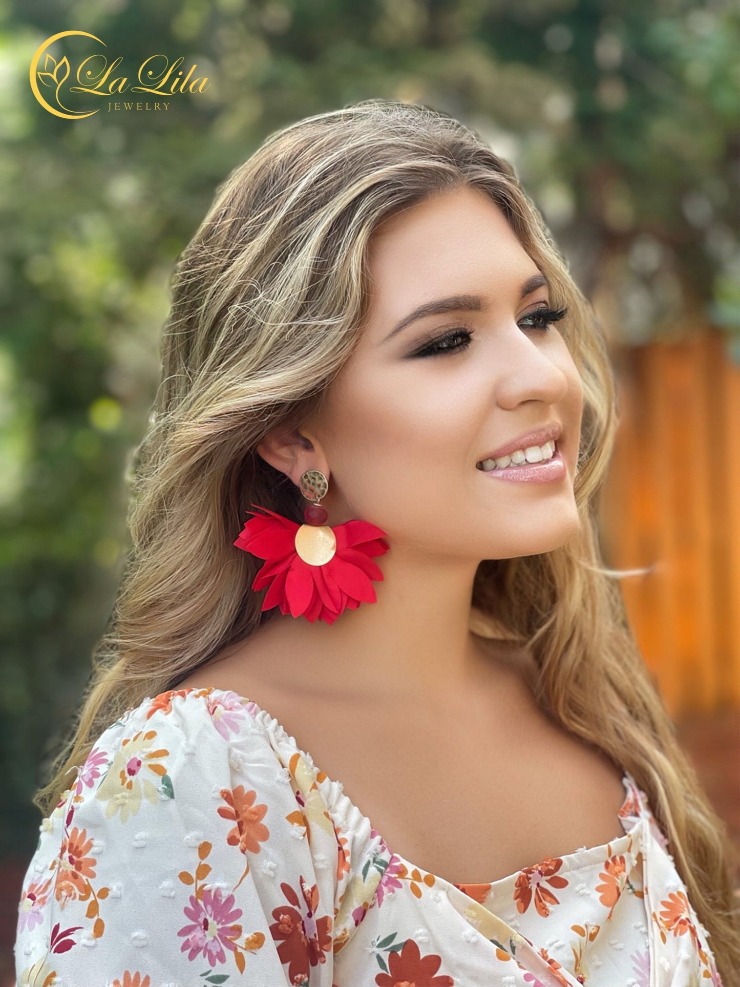Satin Flower Earrings in Red with Old Gold Finishing