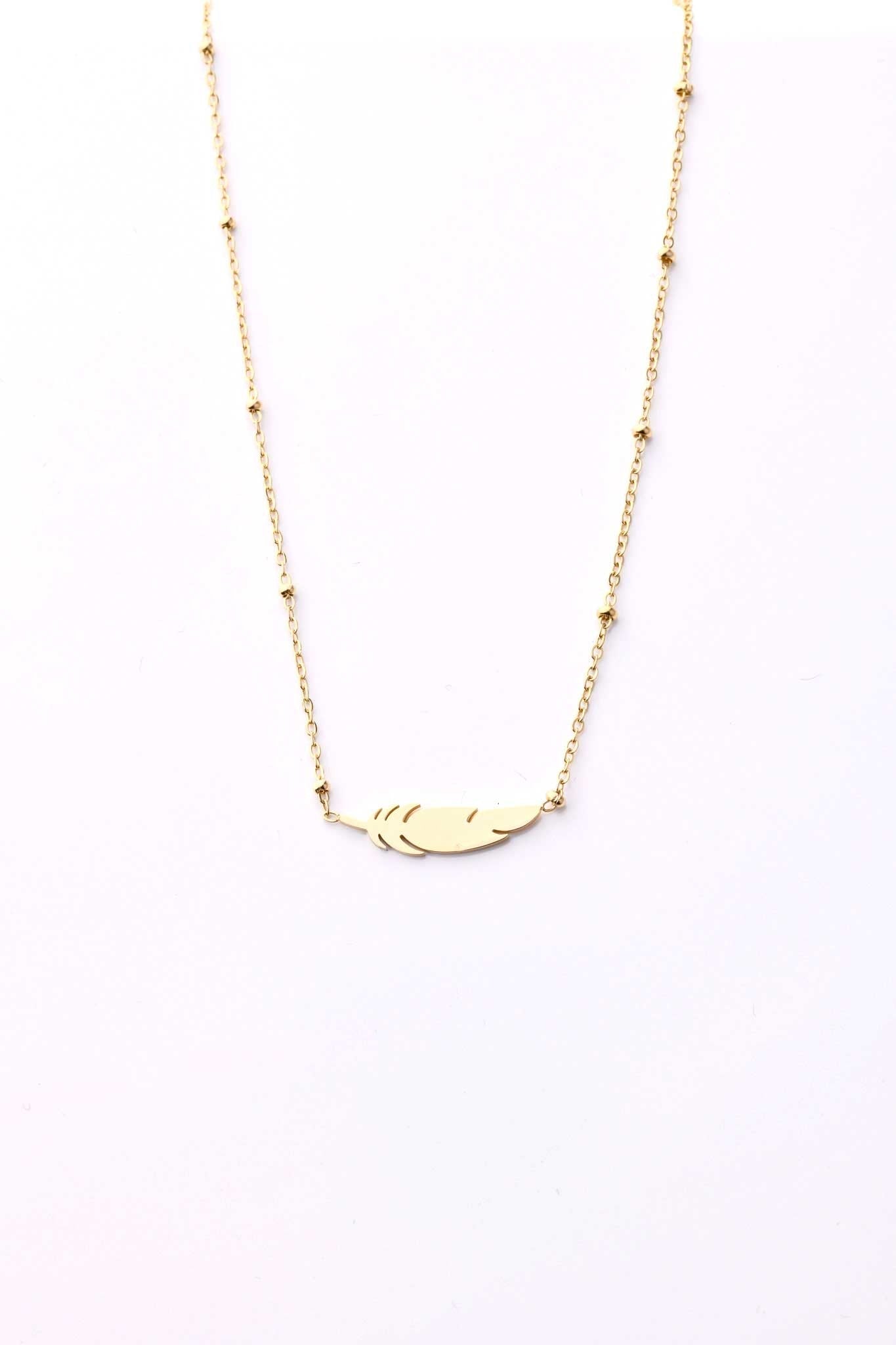 14k Gold Plated Necklace with Feather and Small Gold Beads