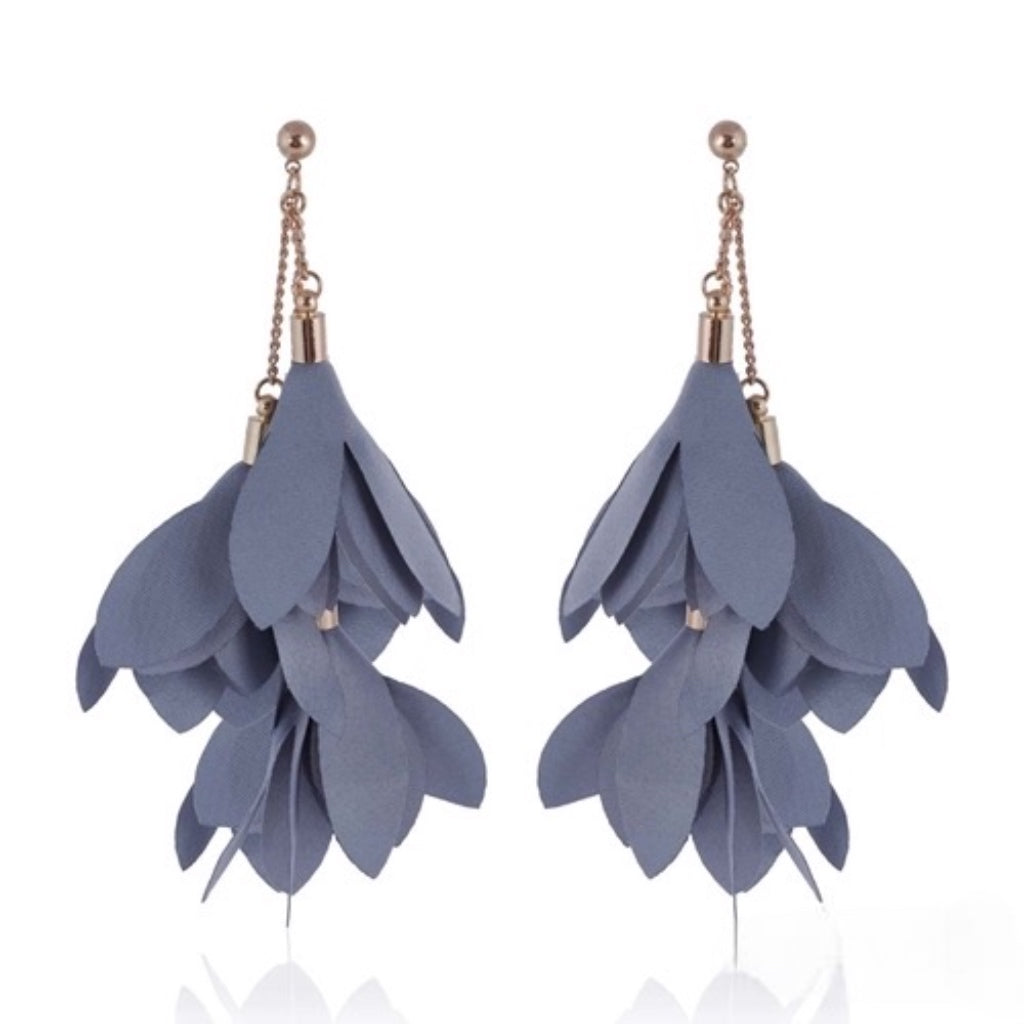 Gray Satin Flower Earrings with Gold Finishing