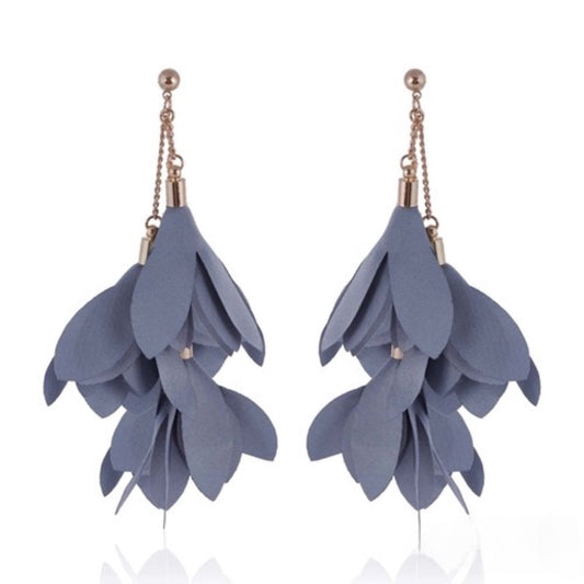 Gray Satin Flower Earrings with Gold Finishing