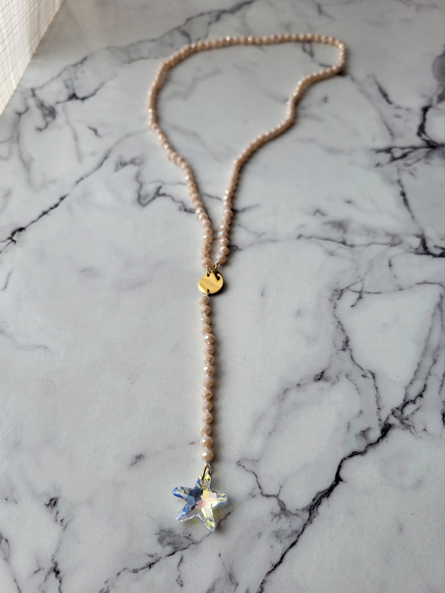 Gold Plated Cream Lariat Necklace with Faceted Glass and Swarovski Starfish Crystal