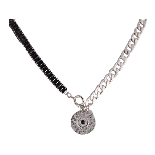 Gold and Silver Tone Chain with Black Zircons and Round Pendant