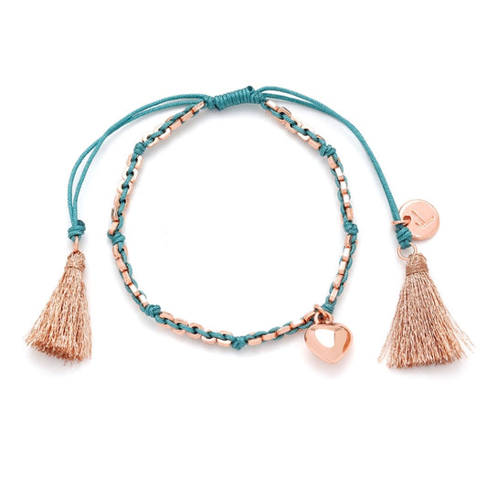 Teal String & Rose Gold Plated Chain Bracelet with Heart Pendant