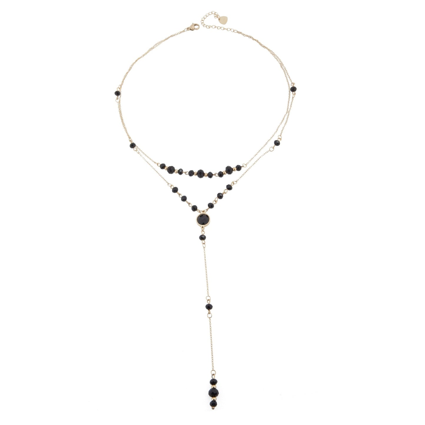14k Gold Plated Double Chain Y Necklace with Black Crystals