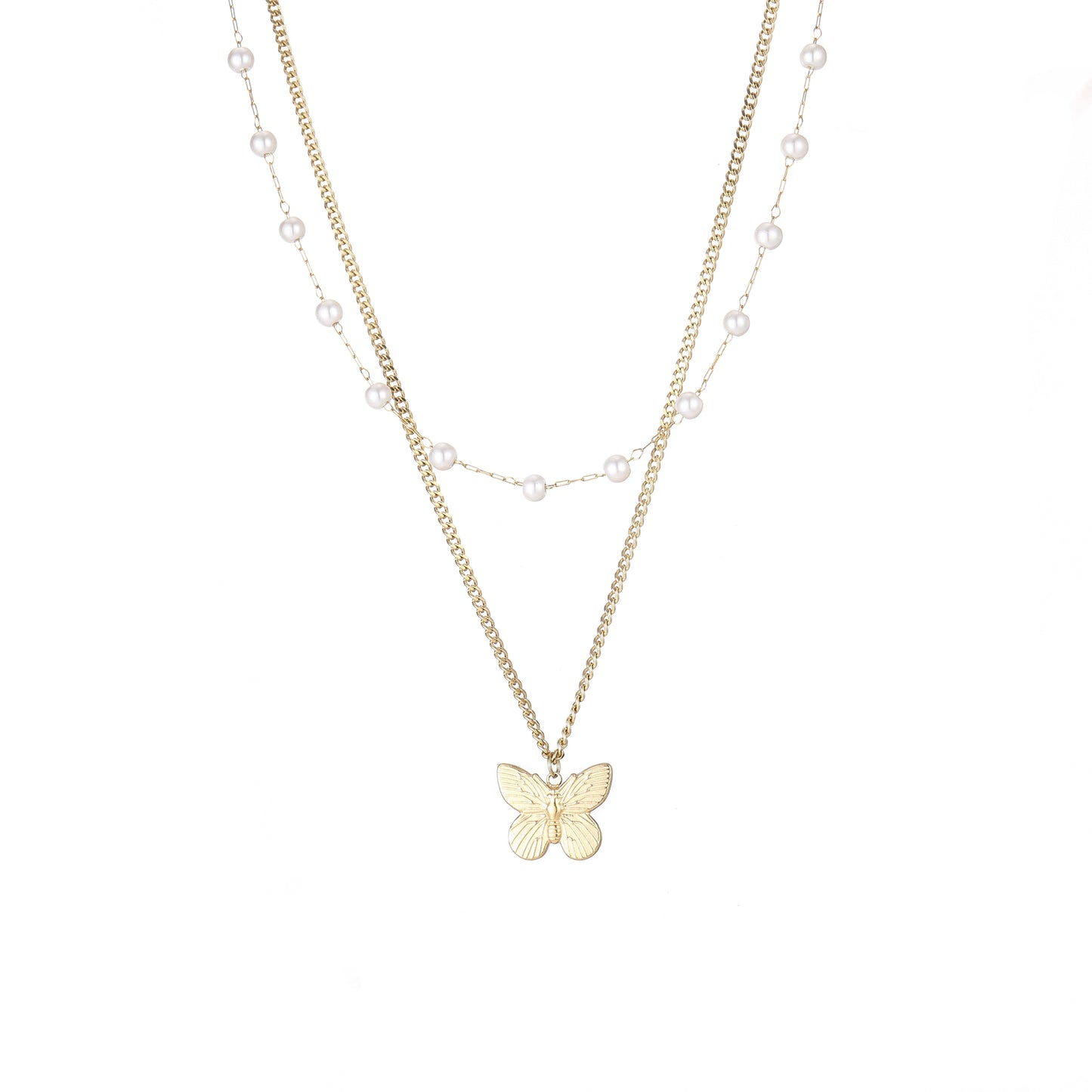 14k Gold Plated Double Chain Necklace with Pearls and Butterfly Pendant