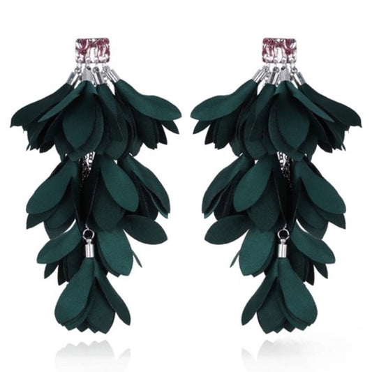 5 inch Pine Green Satin Earrings with Silver Finishing