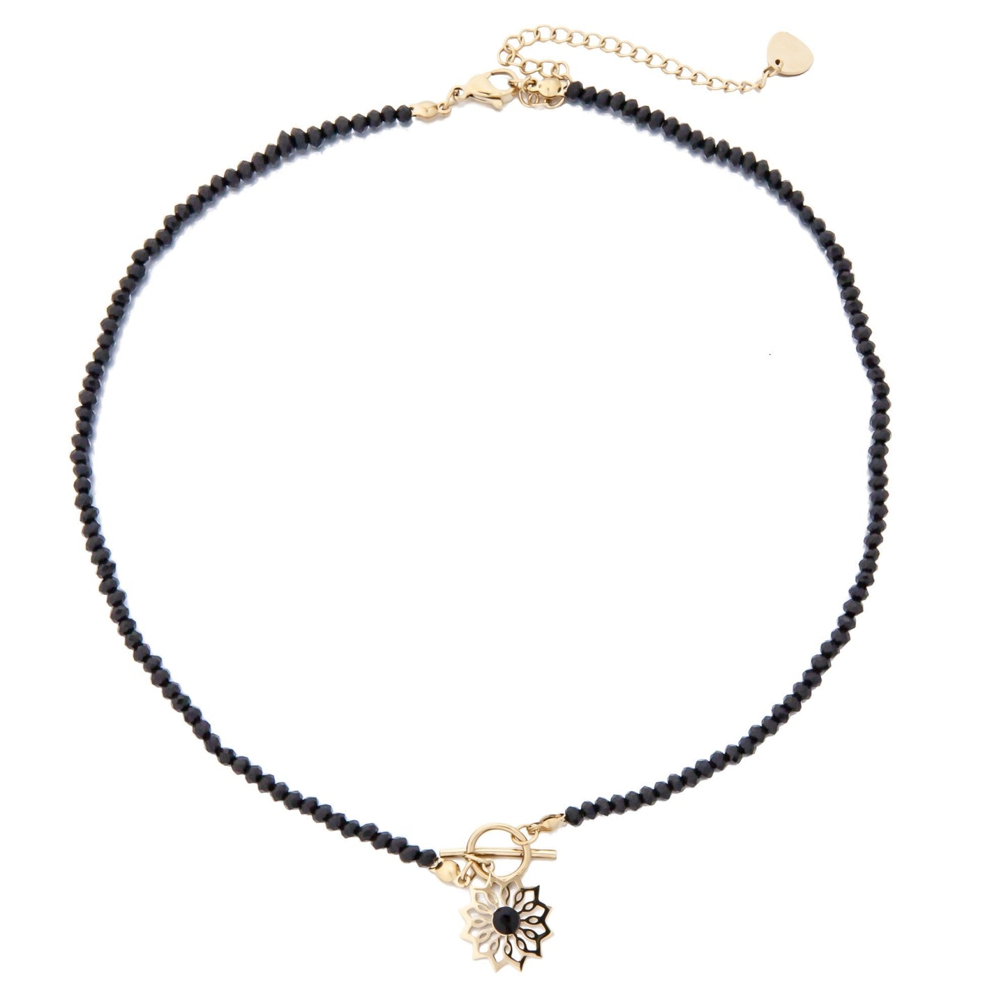Black Crystals Choker Necklace with Flower Pendant