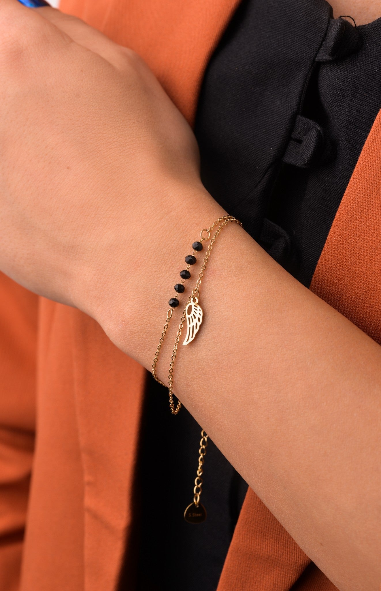 Double Chain Angel Wing Bracelet with Black Crystals