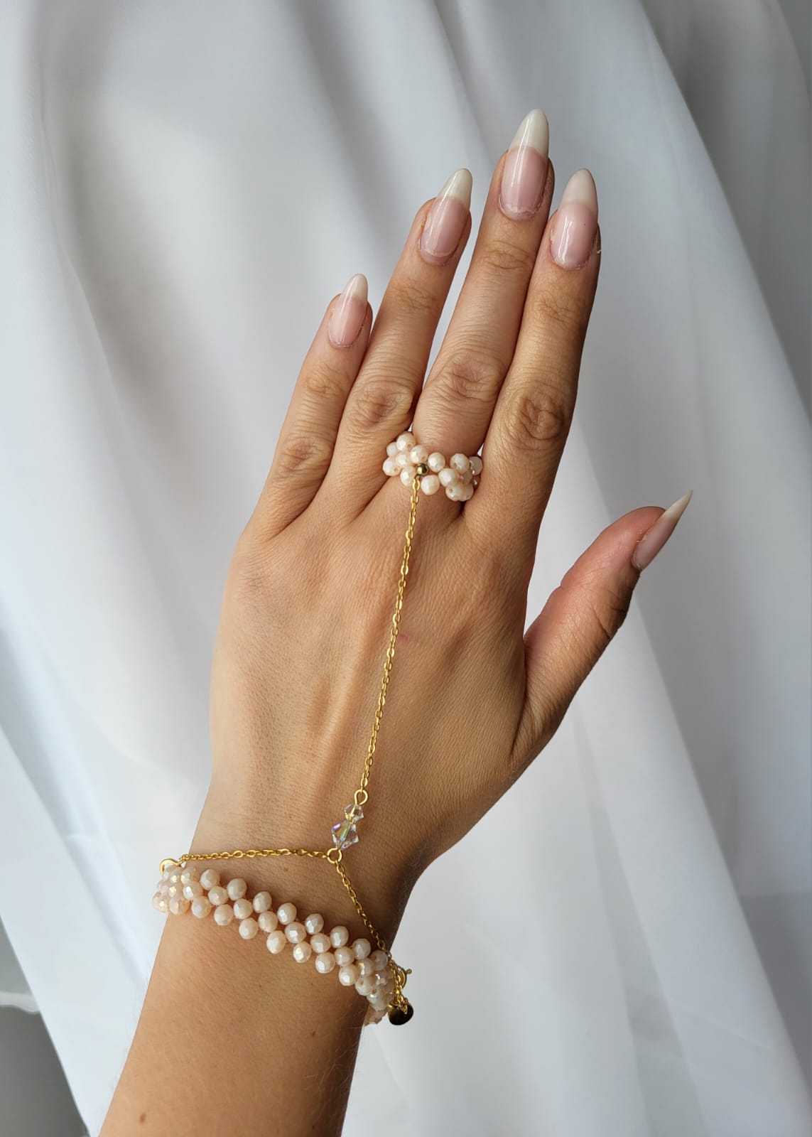 Gold Plated Three Row Cream Ring Bracelet with Swarovski Crystals