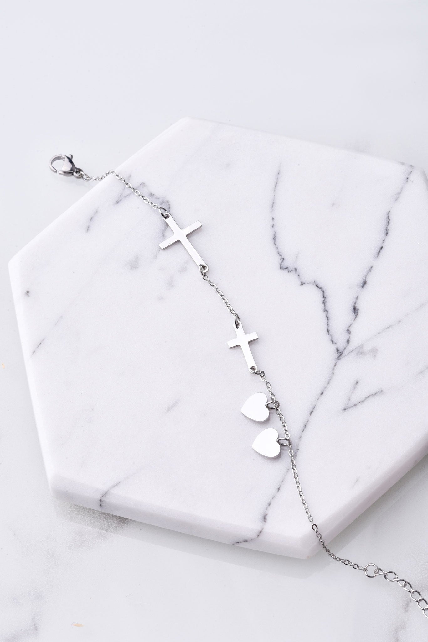 Silver Stainless Steel Bracelet with Hearts and Crosses