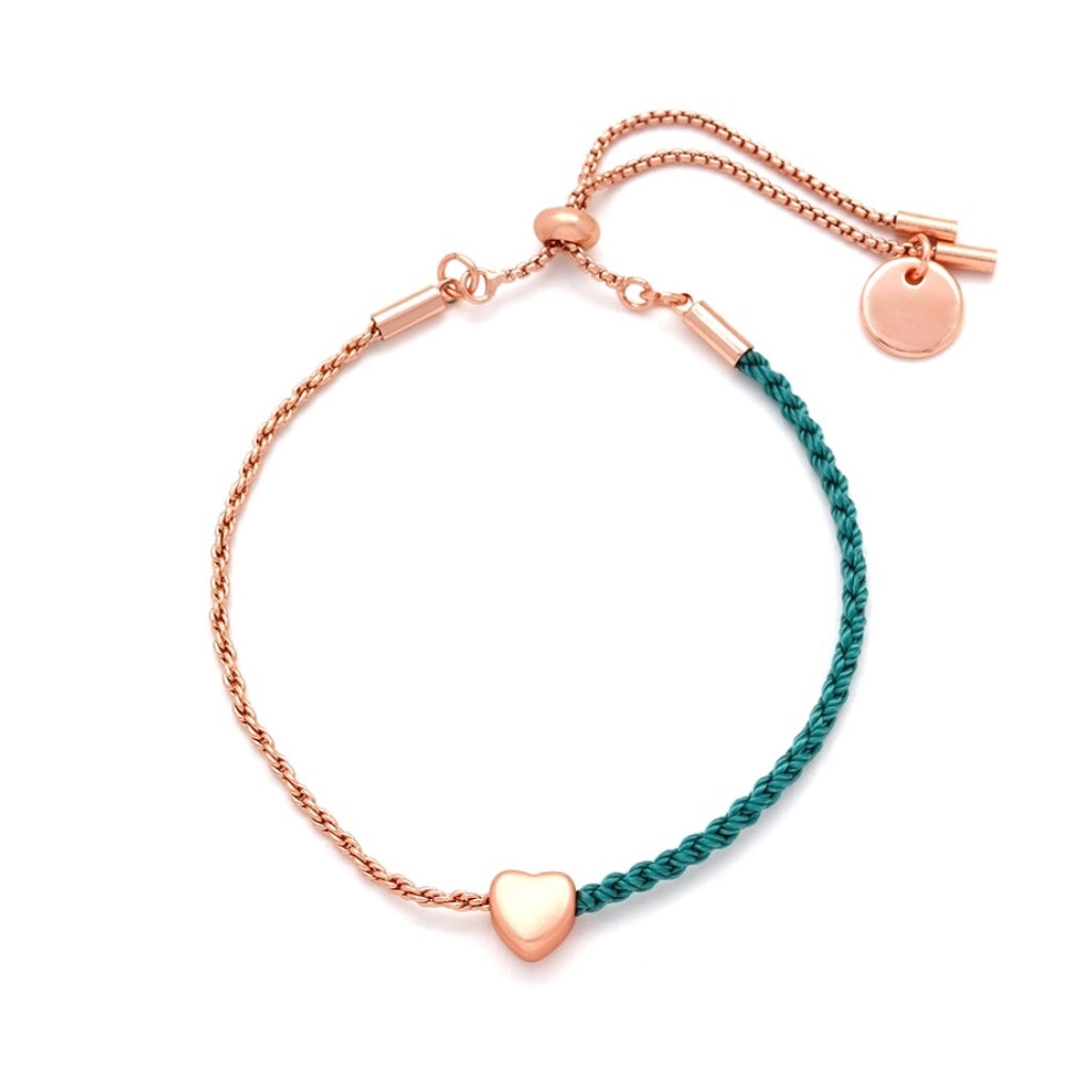 Love Rose Gold Plated Chain & Teal String Bracelet with Heart Pendant