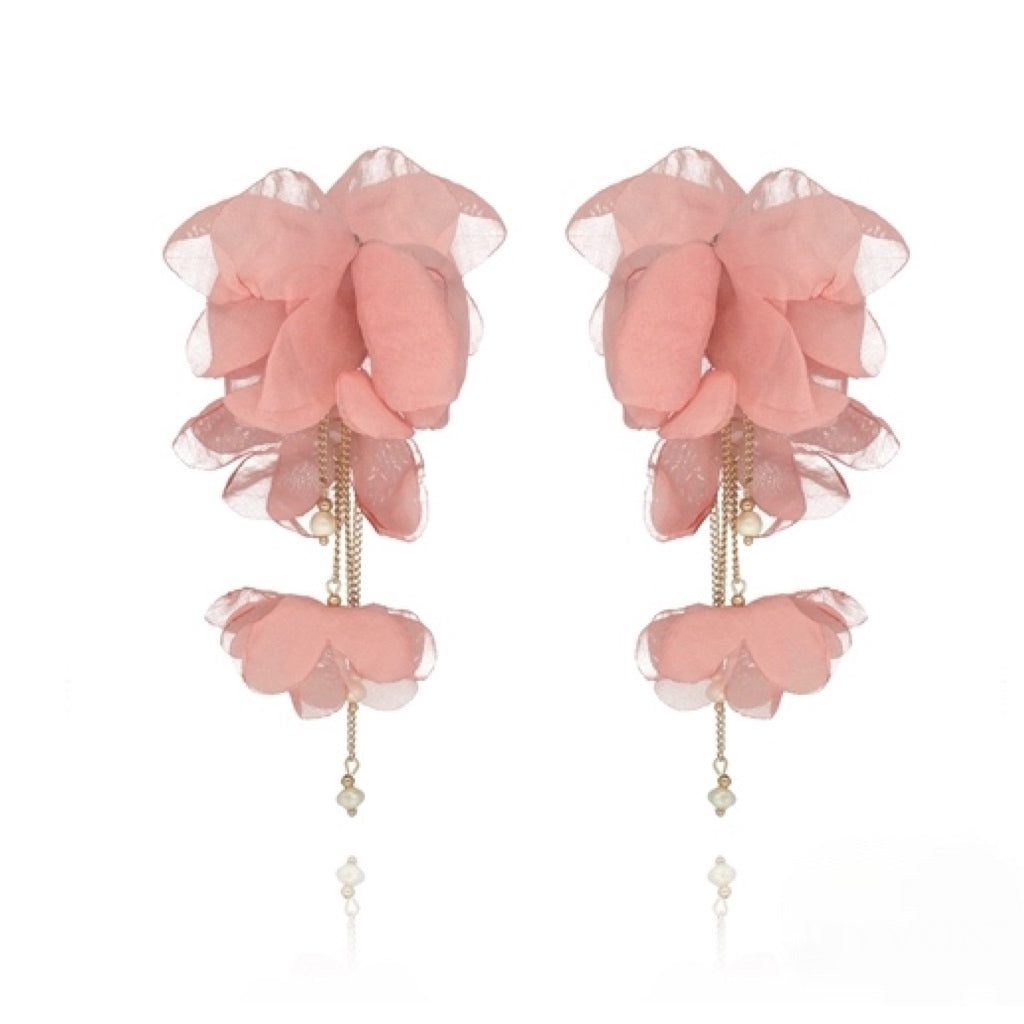 Powder Pink Flower Earrings with Chains and Pearls