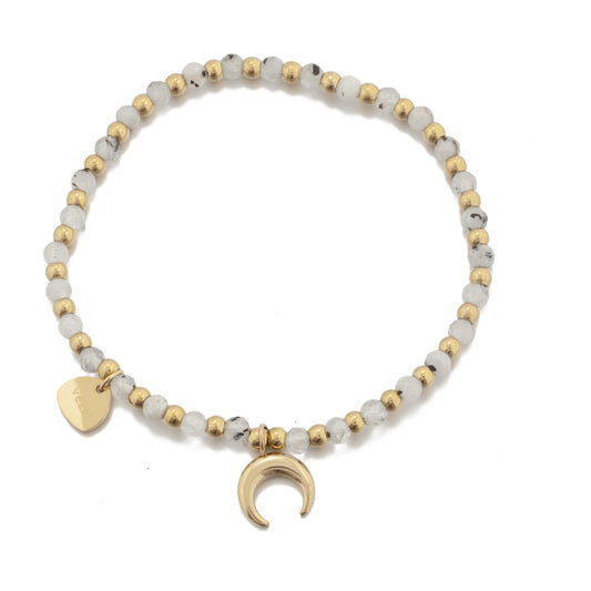 Elastic Stainless Steel and Moon Stone Bracelet with Moon Pendant