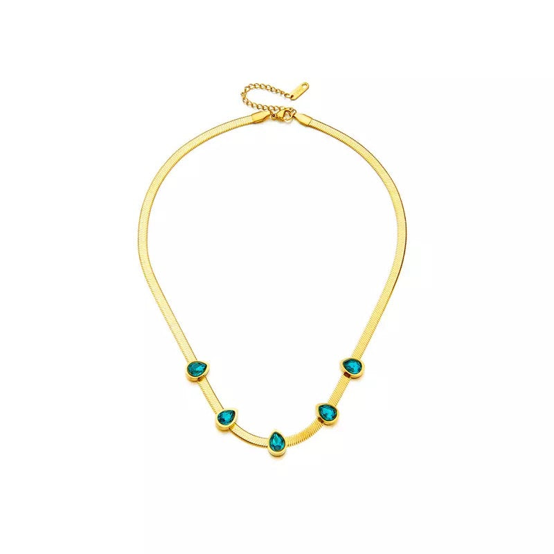 Stainless Steel Snake Chain Necklace with Blue Cubic Zirconias