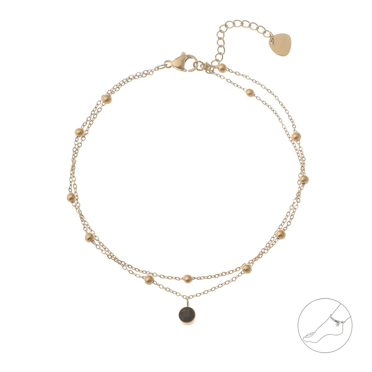 14k Gold Plated Double Chain Anklet with Black Crystal and Gold Beds