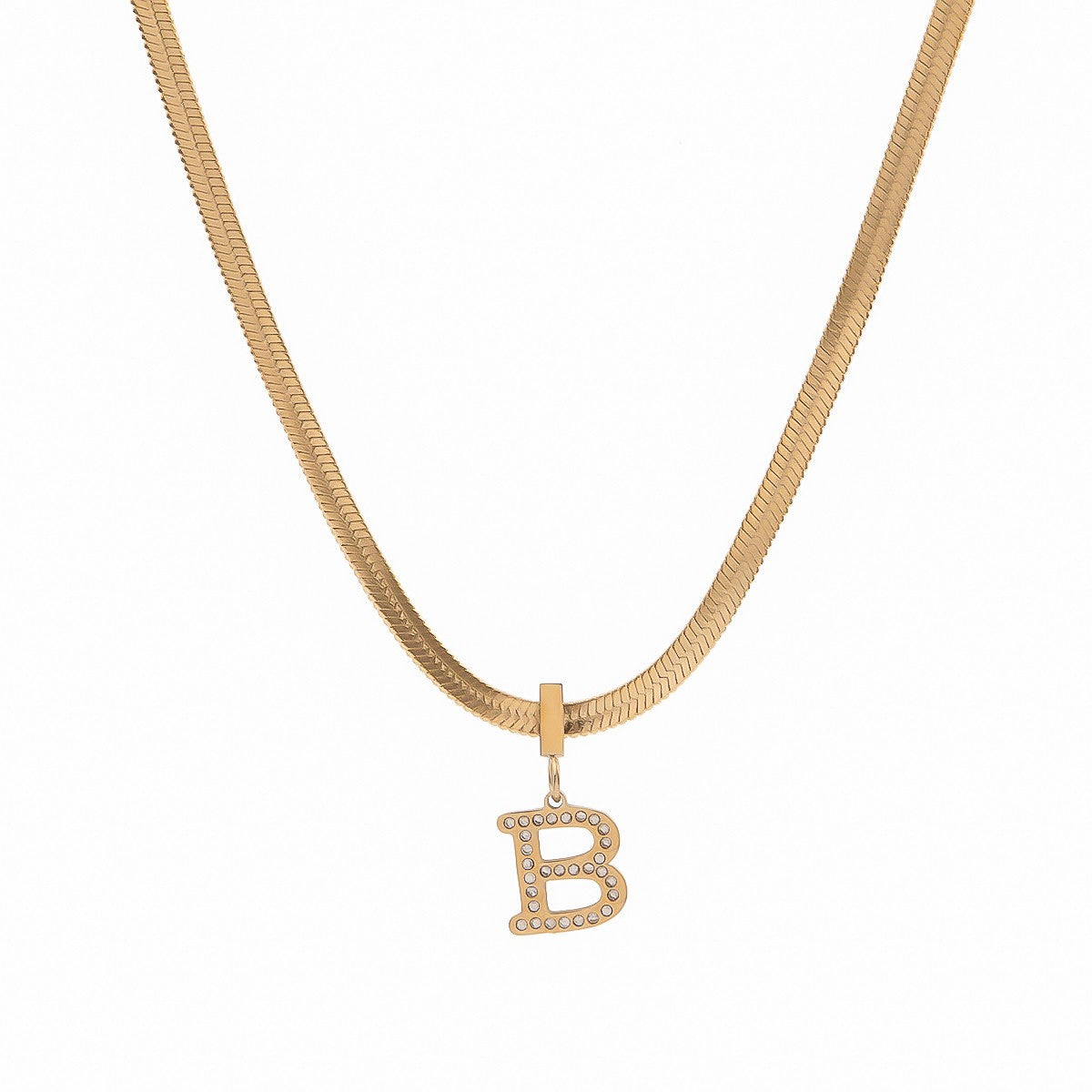 Gold Stainless Steel Necklace with Letter B and Crystals