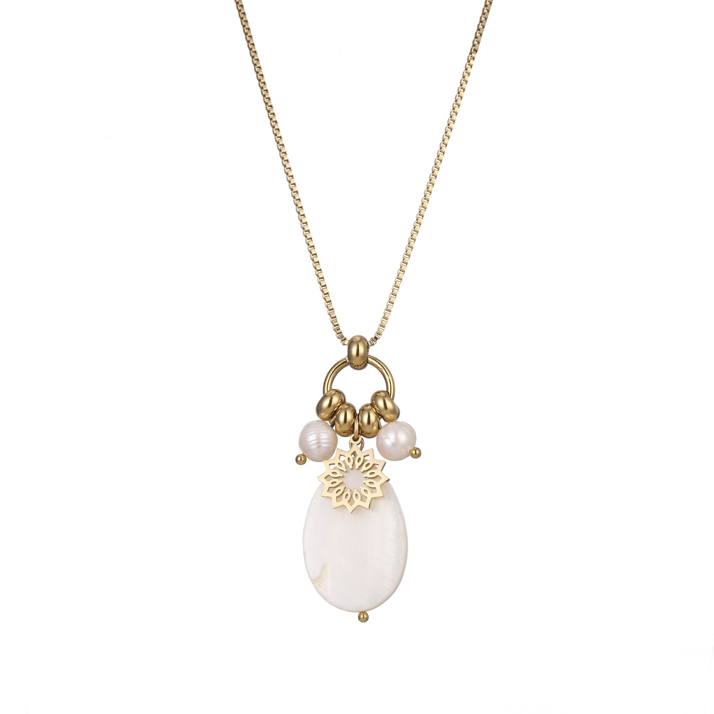 Gold Plated Long Necklace with Pearl and Flower Pendant