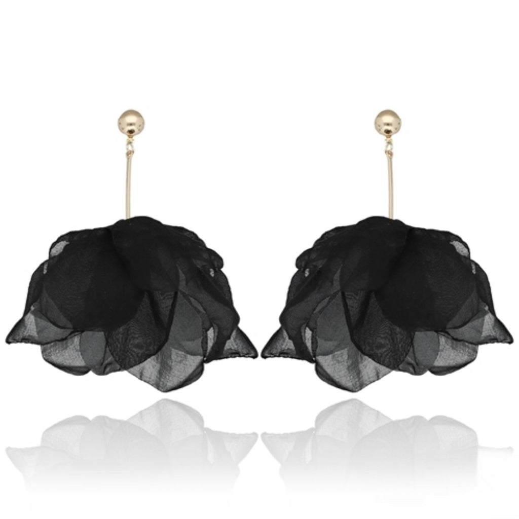 Black Tulips Flower Silk Earrings
