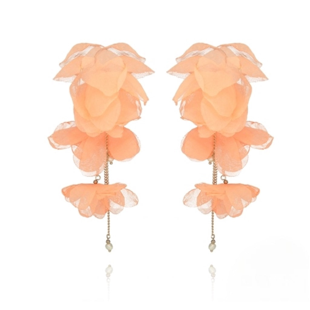 Tangerine Flower Earrings with Chains and Pearls