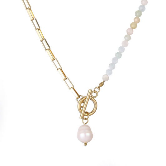 14k Gold Plated Chain and Glass Crystals Necklace with Natural Pearl Pendant