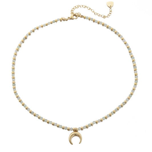 Stainless Steel and Green Strawberry Quartz Necklace with Moon Pendant