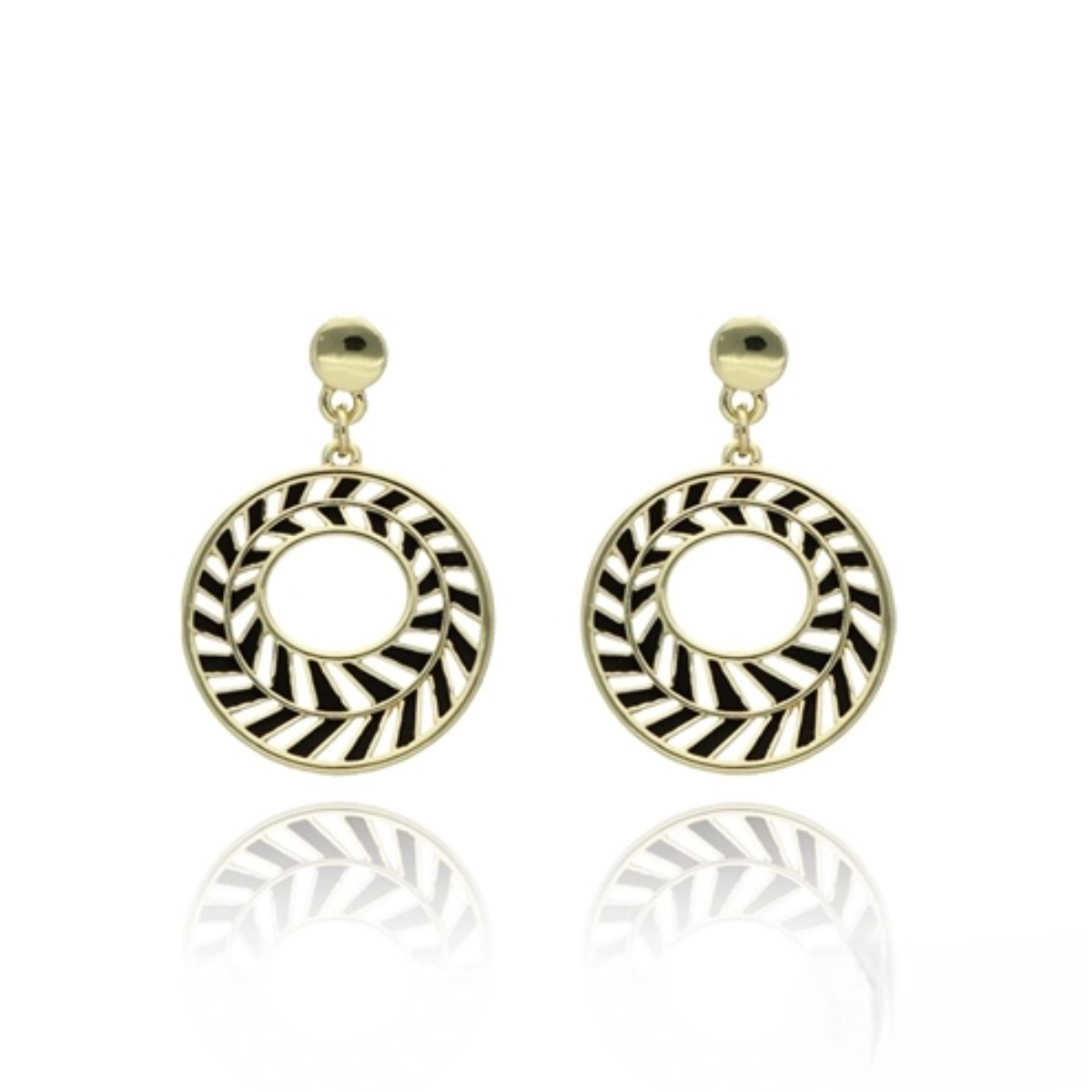 Elegant Earrings with Round Pendant & Black Enamel