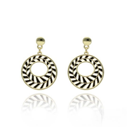 Elegant Earrings with Round Pendant & Black Enamel