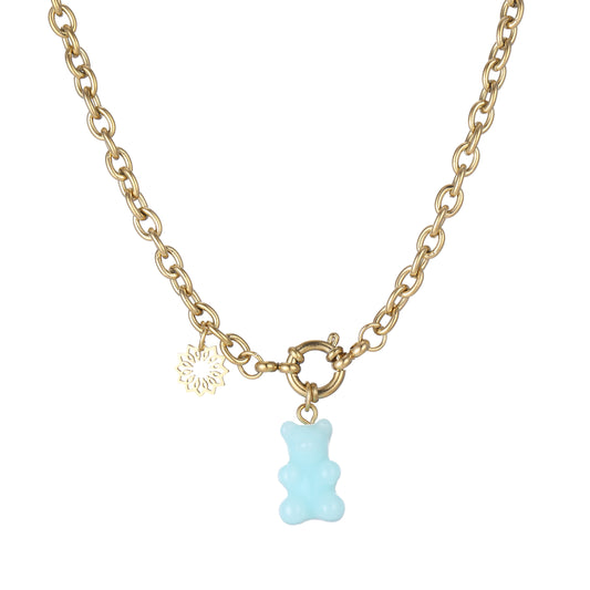 14k Gold Plated Blue Bear and Flower Necklace