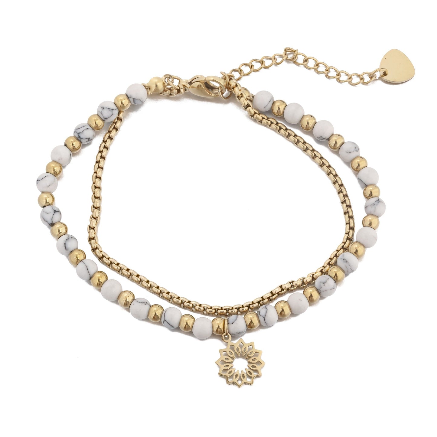 Double Chain Flowers Bracelet with Natural Stones and Gold Beads