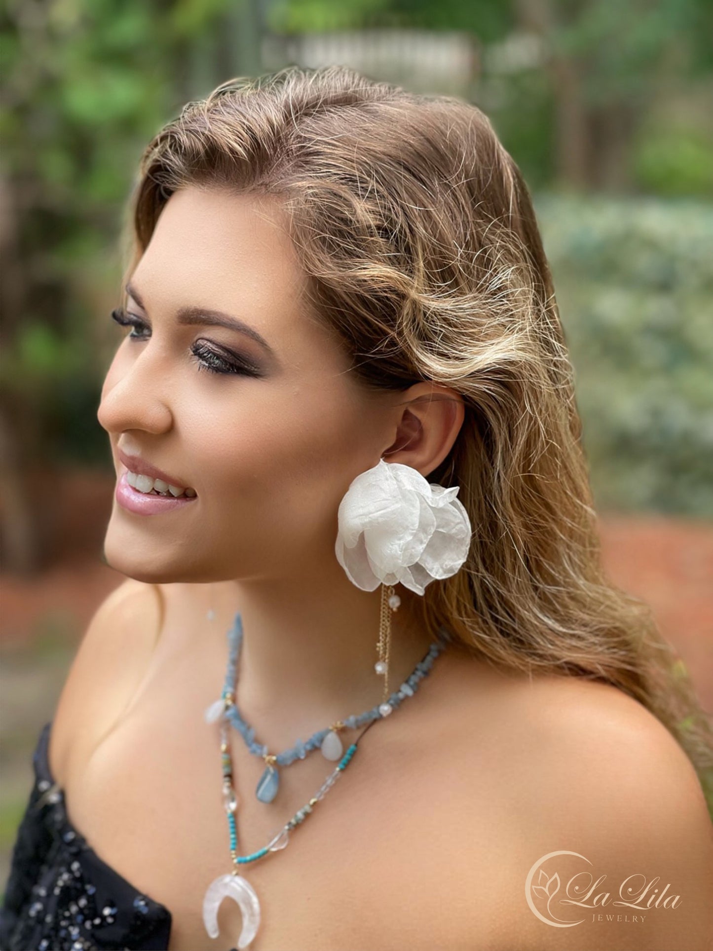 White Silk Flower Earrings with Chains and Beads