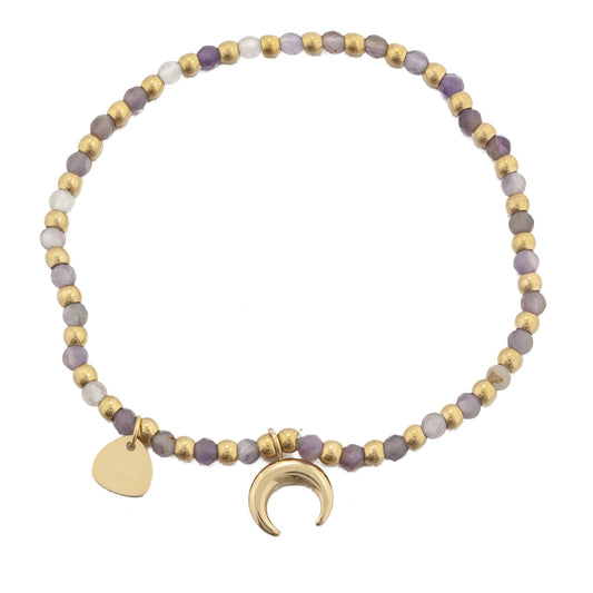 Elastic Stainless Steel and Amethyst Stone Bracelet with Moon Pendant