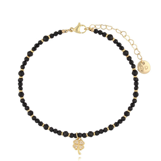 Black Tourmaline Stones Anklet with Crystal Clover