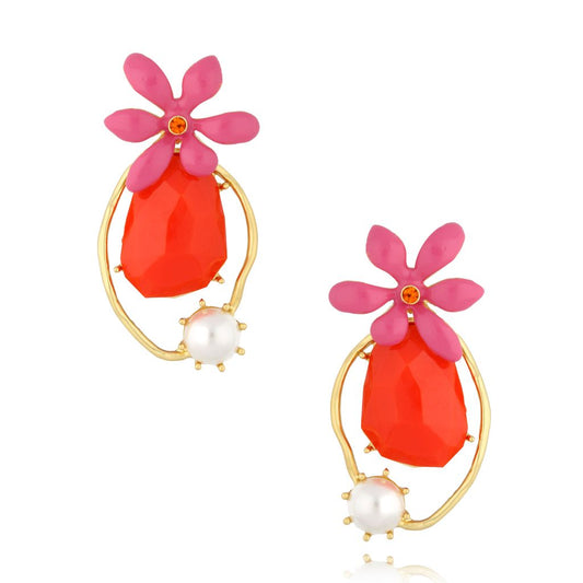 Pink & Orange Flower Earrings with Pearl