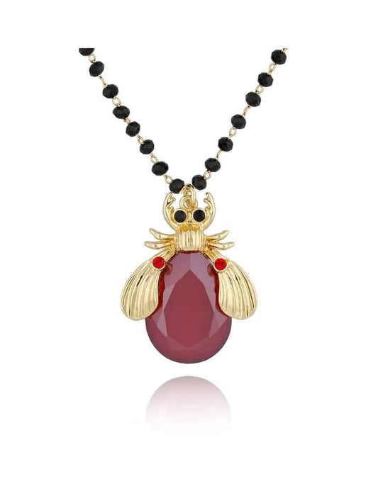 Long Black Crystal Necklace with Large Red Beetle Midnight