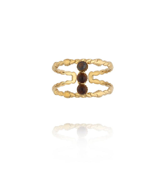 Gold Plated Three Tigers Eye Stones Ring 0021
