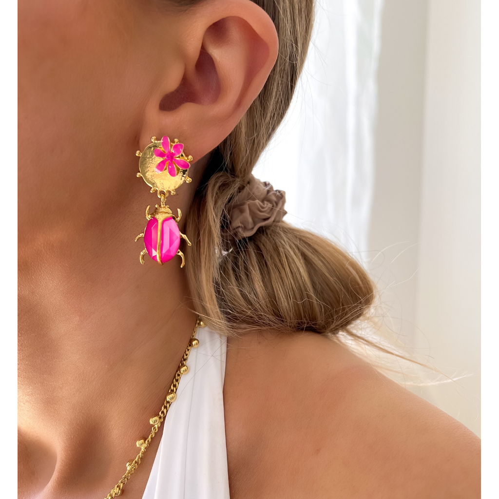 New! ~ Gold Earrings with Pink Beetle Siyo