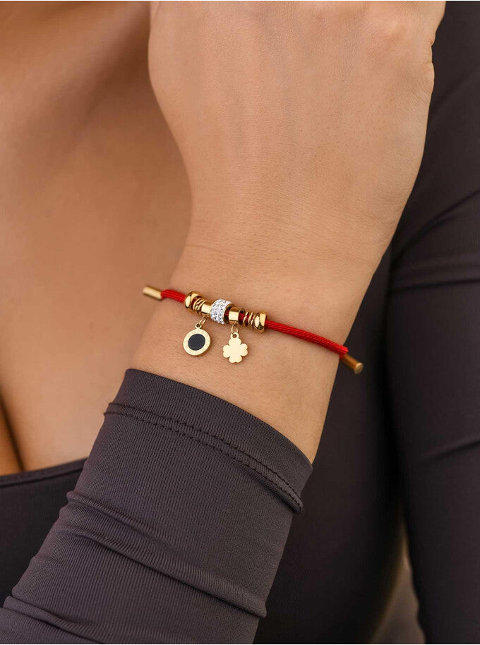Lucky Red String Bracelet with Crystals Charm and Clover