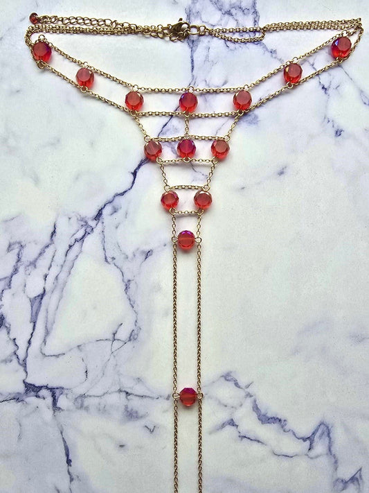 Gold Plated Sexy Red Glass Crystals Body Chain Necklace Sensual